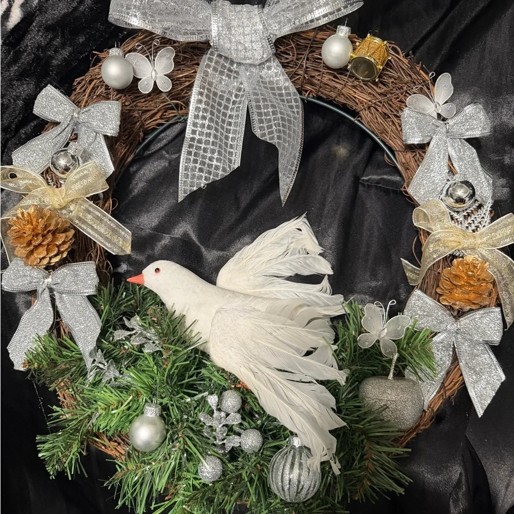 Festive Wreath with White Dove and Silver Accents